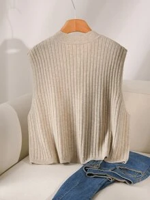 CosyJoli Plus Size Elegant French Casual Ribbed Knit Sweater Top With Metal Buttons, Minimalist Versatile For Women Winter - Apricot - View 2