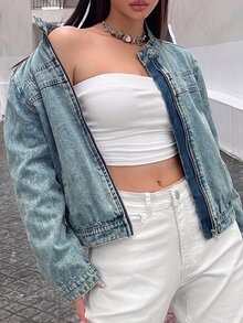 Jeanoix Y2K Women's Fashion Small Stand Collar Zipper Vintage Washed Denim Jacket - Medium Wash - View 3