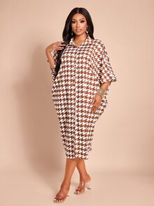 Brilight Houndstooth Print Shirt DressFront Back Twist Knot Loose Midi Dress For Vacation Brunch Casual Stree - Brown - View 5