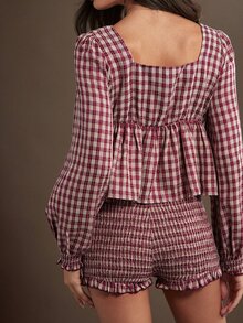 WESTFADE Gingham Plaid Long Sleeve Ruffle Babydoll Top & Smocked Bloomers Shorts Women Two Piece Matching Sets, Fall Winter 2026, Western, Cowgirl, Country - Multicolor - View 3