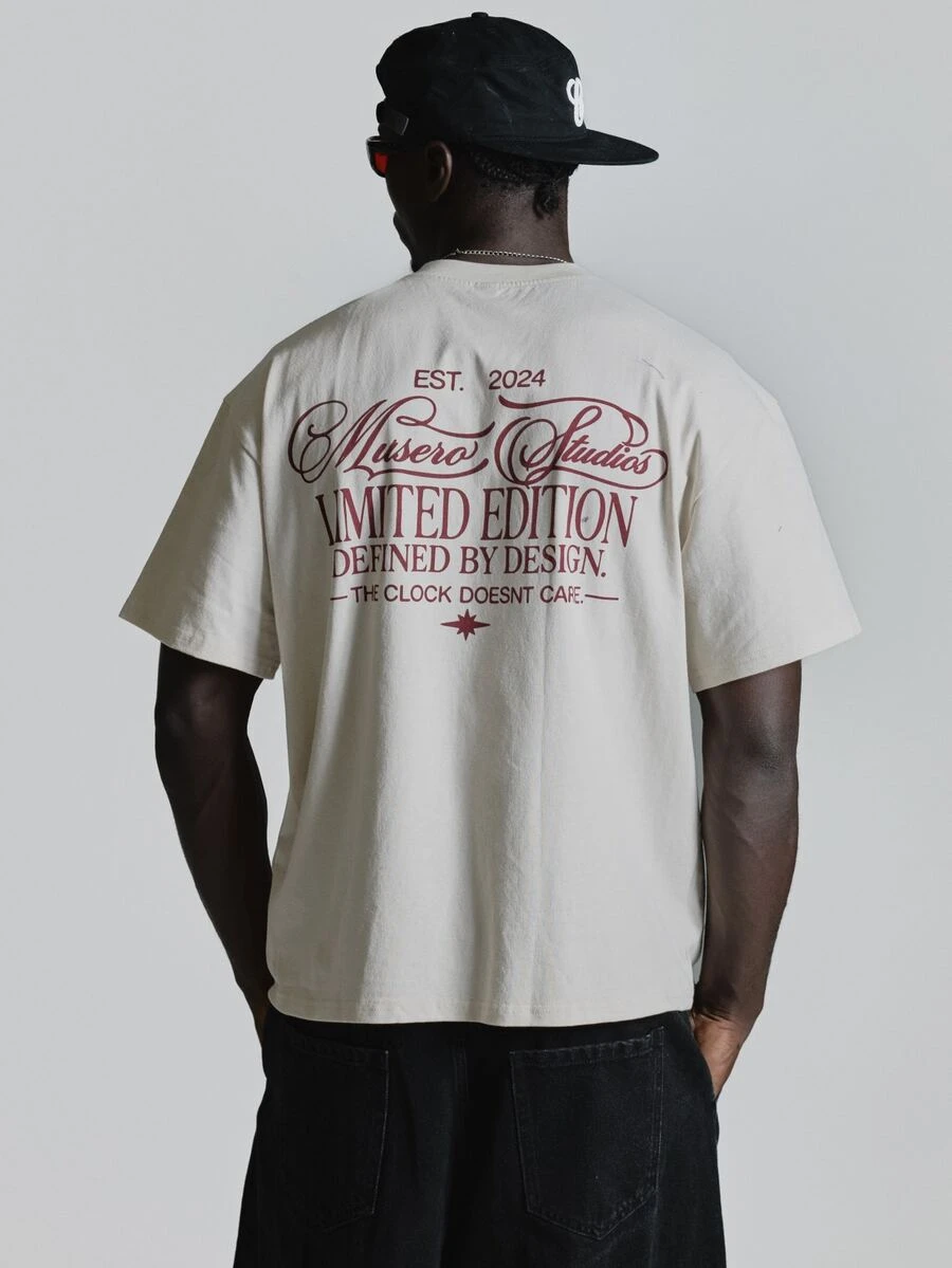 Oversized Drop Shoulder Graphic Tshirt "Musero Studios" Crew Neck Autum Winter Essentials - Apricot - View 1