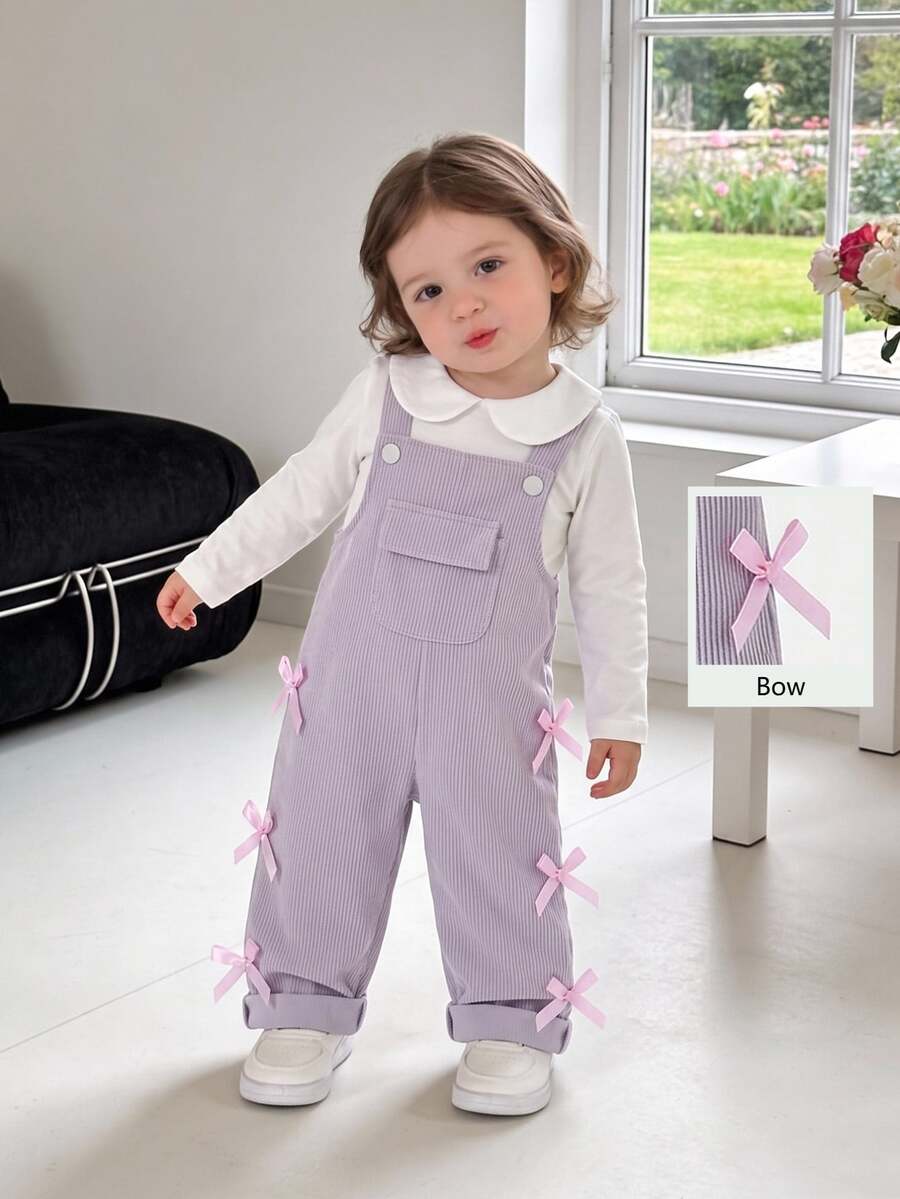 SHEIN Vintaside Kids 女嬰燈芯絨吊帶褲，四季皆宜，可愛風格，紫色，裝飾紫色蝴蝶結，前口袋設計，寬鬆直筒版型，柔軟舒適，適合上學、通勤、日常外出