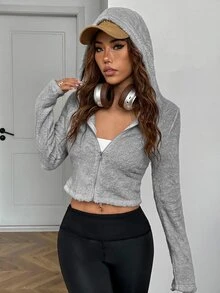 SHEIN EZwear 女款休閒舒適灰色連帽長袖外套 - 灰色 - 查看 7