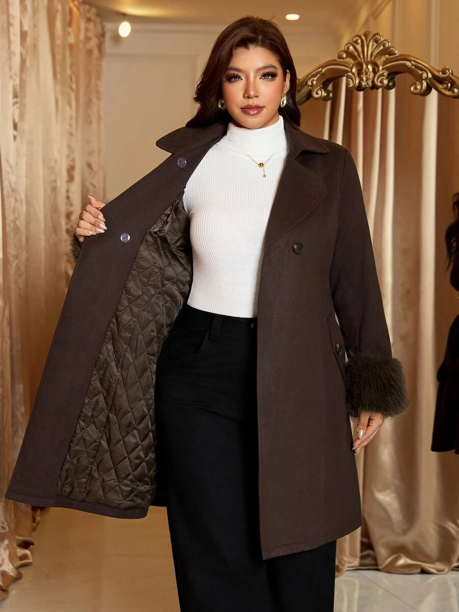 Reflora Plus Size Women Solid Color Lapel Neck Double-Breasted Patchwork Faux Fur Cuffs Wool Blend Jacket - Brown - View 1