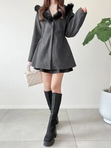 FRIFUL Women's Elegant Rhinestone Decorated Hooded Overcoat, Autumn/Winter - Grey - View 5