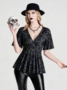 Breakform Women's Summer Gothic Dark Style Snake Print Knit Fabric V-Neck Ruffle Sleeve Short Sleeve Solid Color Cross Wrap Casual Hem T-Shirt - Multicolor - View 5