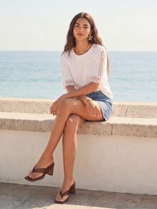 CAJUNI Women's Solid Color Round Neck Short Sleeve Contrast Lace Casual T-Shirt - White - View 4