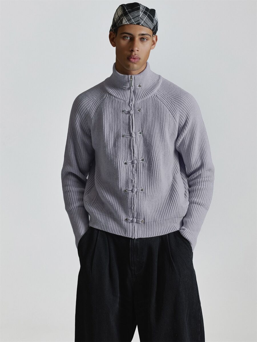 Musero Thick Funnel Neck Cardigan Fastening Detail Thumb Hole Autum Winter Essentials - Purple - View 1