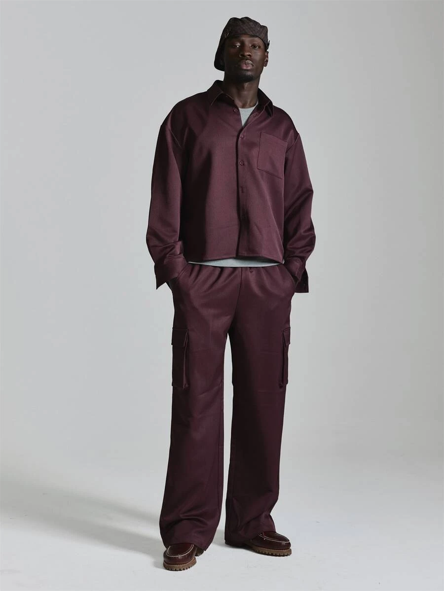 Musero Oversized Drop Shoulder Woven Collared Shirt With Chest Pockets Cropped Length Co Ord Shirt Only Autum Winter Essentials - Rust Brown - View 1