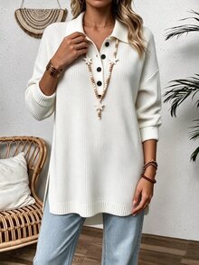 Breezaya Sweater Wanita Warna Polos Kasual Serbaguna untuk Harian Lengan Panjang Off White Musim Gugur untuk Brunch - Putih - View 4