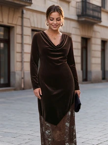 Chikora Plus Size Autumn/Winter Velvet Patchwork Asymmetrical Lace Cowl Neck Long Sleeve Dress - Brown - View 3