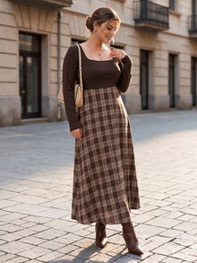 Chikora Plus Size Women's Patchwork Plaid Square Neck Long Sleeve Elegant Dress - Brown - View 4