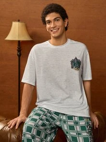 HARRY POTTER X SHEIN Men's Round Neck Short Sleeve T-Shirt And Plaid Long Pants Loungewear Set - Grey - View 6