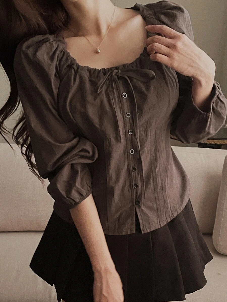 DAZY 女款純色前綁帶單排扣休閒襯衫 度假風 - 棕色 - 查看 1