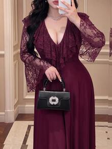 Vibekara Gaun Pesta Wanita Elegan Model A-Line Lengan Panjang Warna Burgundy untuk Musim Semi, Gugur, dan Musim Dingin. - Red Violet - View 5