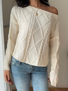 Dulcita Women's Autumn/Winter Asymmetrical Shoulder Round Neck 2-Way Wear Cable Knit Long Sleeve Loose Casual Versatile Knit Sweater - Apricot - View 4