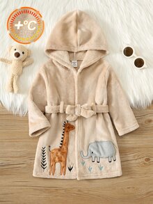 SHEIN Baby Boy Autumn/Winter Cute Embroidered Hooded Robe Loungewear - Apricot - View 3