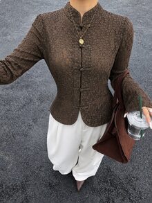 Modelyn Spring/Summer Lace Frog Button Gentle Date Elegant Fashion Versatile Slimming Women's Blouse - Coffee Brown - View 3