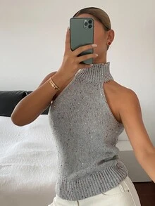 DAZY Solid Color Fitted Sequin High Neck Sleeveless Casual Sexy Holiday Spring/Autumn Knit Top For Women - Grey - View 3