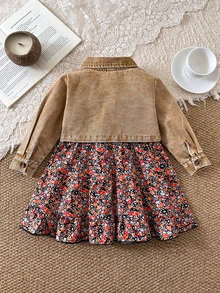SHEIN Vintaside Kids 2件組女嬰夾克背心洋裝，甜美卡其色多色花卉層次設計，長版無袖翻領常規版型，生日秋季婚禮賓客禮服度假套裝 - 鏽棕色 - 查看 2