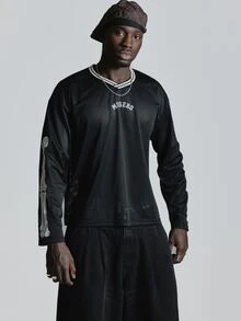 Oversized Drop Shoulder Mesh Graphic Tshirt With Musero Bones "96 MUSERO" Back Print Autum Winter Essentials - Black - View 2