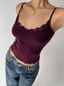 Aloruh 女款純色對比蕾絲修身時尚細肩帶背心 - 紫色 - 查看 3
