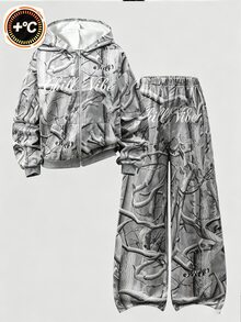 SHEIN 青少年女孩秋季套裝 拉鍊連帽衫、細肩帶背心上衣與寬腿長褲休閒街頭風 Y2K 套裝，適合日常穿著，Sixth Form 正式灰色 - 灰色 - 查看 5