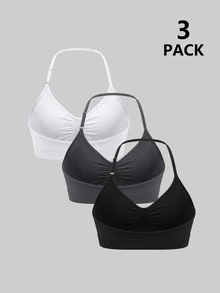 SHEIN Velisys Women's Solid Color Pleated Casual Daily Sports Halter Neck Tank Tops 3pcs/Set - Black - View 2