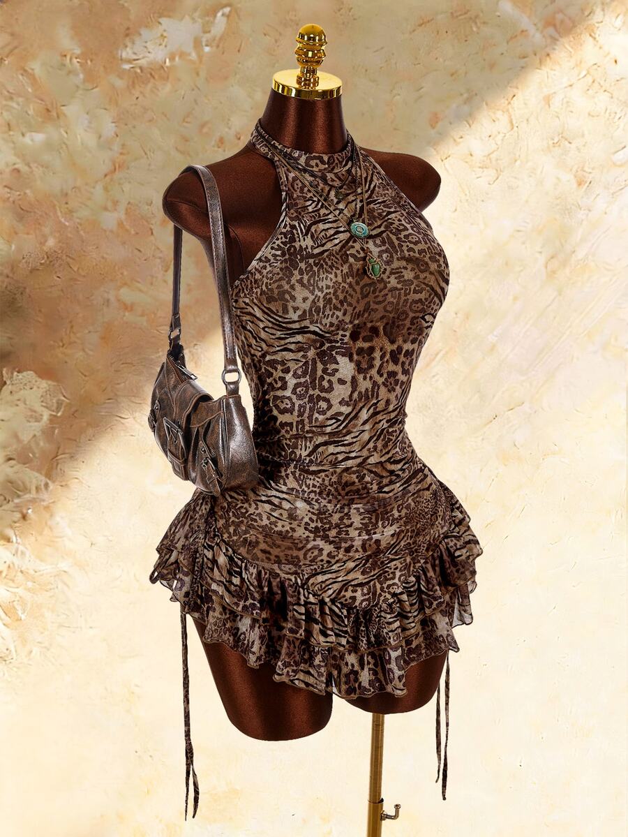 Amplova Boho Style High Neck Asymmetrical Ruffle Hem Waist-Cinching Mini Dress - Brown - View 1