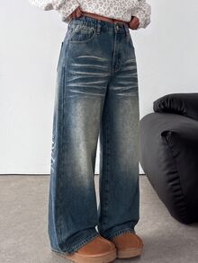 SHEIN Girlism 青少年女孩復古藍色牛仔刷毛內裡寬鬆長褲，秋冬款 - 中等水洗藍 - 查看 4