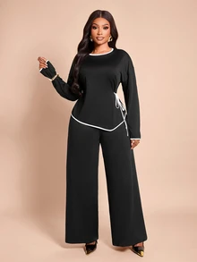 Brilight Contrast Trim Side Drawstring Long Sleeve Top & Wide Leg Pants 2 Pieces Outfit Loose Casual Loungewea - Black - View 4