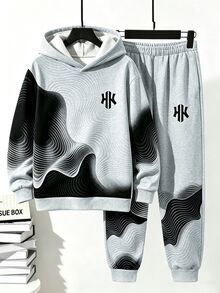 Tween Boys Casual Comfortable Fashion Minimalist Personalized Line Colorblock Print Pattern Contrast Color Casual Style Autumn/Winter Hooded Sweatshirt Set Suitable For Outings And Sports - Multicolor - View 3