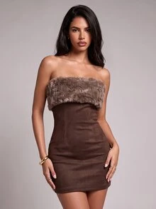 Nooralise Fashion Street Style Y2K Suede Faux Fur Patchwork Tube Dress - Brown - View 1