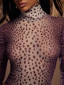 Hauture Women's Sexy Abstract Animal Print Mock Neck Long Sleeve Bodysuit - Multicolor - View 6