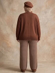 Linhara Autumn/Winter Plus Size 3 Pieces Knit Set For Women, Cable Knit Button Cardigan, Striped Camisole Top, High-Waisted Wide Leg Pants, Lazy Style - Black - View 3