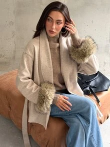 Aloruh 女款復古人造毛飾邊袖口大衣 - 卡其色 - 查看 5
