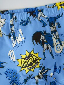 BATMAN X SHEIN 小男孩字母卡通印花休閒日常上衣短褲套裝 - 藍色 - 查看 7