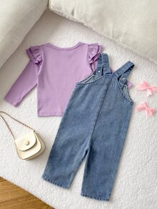 SHEIN Playful Pals 2件組幼女上衣牛仔吊帶褲，可愛紫色荷葉邊蝴蝶結刺繡，飛袖圓領，常規款，適合生日派對、秋季假期、聖誕節，羅紋設計 - 紫色 - 查看 2