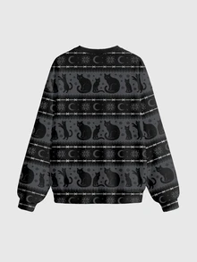 ROMWE Goth 暗黑貓哥德風可愛圓領長袖女款運動衫，適合秋冬春季 - 黑色 - 查看 2