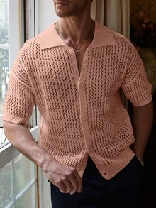 Manfinity Homme Top de punto hueco de unicolor para hombre - Rosa Pálido - Ver 5