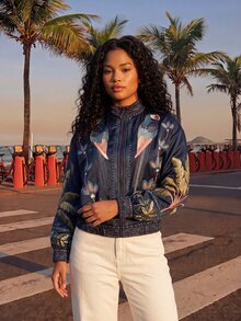 CAJUNI Jaket Wanita Ukuran Besar Lengan Panjang Motif Tanaman Tropis dengan Resleting - MultiWarna - View 8