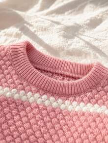Genkimix Kids Young Girl Sweet Pink Colorblock Striped Sweater, Autumn Baby Round Neck Textured Loose Knit Pullover - Pink - View 5