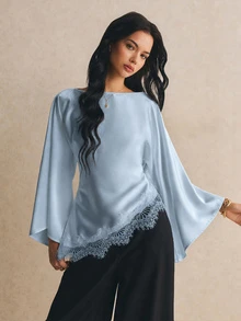 Poéselle Women's French Gentle Lace Patchwork Asymmetrical Hemline Blouse - Dusty Blue - View 7