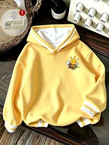 (1 Pc) Baby Girls Fall Winter Cute Bee & Flower Yellow Sweatshirt Hooded Sweatshirt Striped Contrast Color - Multicolor - View 2