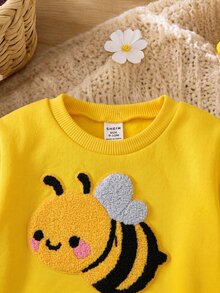 SHEIN Set Baju Bayi Perempuan: Sweatshirt Leher Bulat Rajut Motif Lebah Lucu dan Legging Pinggang Elastis 2 Potong - MultiWarna - View 4