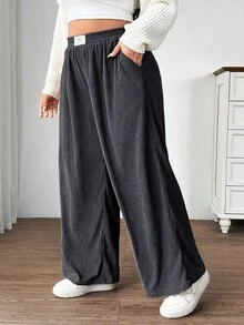 SHEIN EZwear 深灰色大尺碼女款秋冬校園日常室內工作穿搭卡其色燈芯絨布料附口袋與拼接設計高腰寬鬆寬腿褲 - 深灰色 - 查看 6