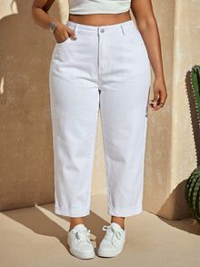 SHEIN CURVE+ Plus Size Women's Casual High Waist Denim Mom Jeans With Pockets, Cropped Length - White - View 1