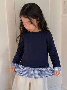 DAZY Young Girl Fall Clothes Young Girl Round Neck Knitted Contrast Color Striped Short Sleeve T-Shirt - Navy Blue - View 4