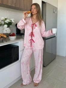Livesso Women's Striped Front Tie Long Sleeve Top And Pants Pajama Set Fall - Pink - View 6