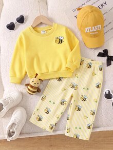 SHEIN 2pcs Baby Girl Floral Pattern Knit Soft Crew Neck Long Sleeve Sweatshirt And Long Autumn Pants Set - Yellow - View 5